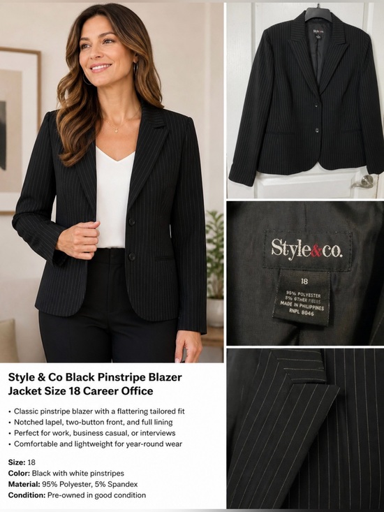 Style & Co. Jackets & Blazers - Style & Co Black Pinstripe Blazer Jacket Size 18 Career Office